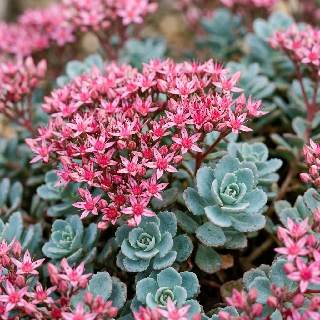 Close-up of pink sedum flowers on Steel the Show Sedum blooming in early fall to late fall.