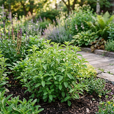 Stevia rebaudiana plant growing in a garden border, showing dense bushy habit with bright green serrated leaves.
