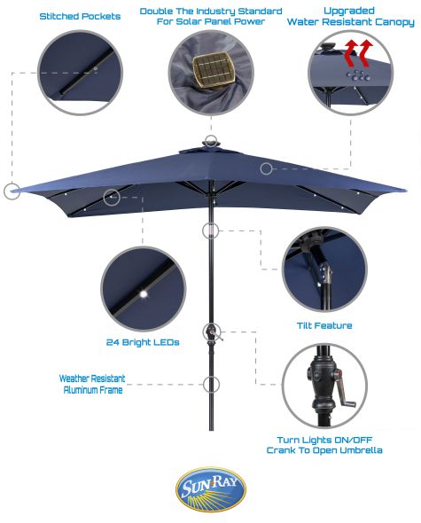 Sun - Ray Navy Rectangular Solar Lighted Umbrella - Nature Hills Nursery - Garden Center Item - 