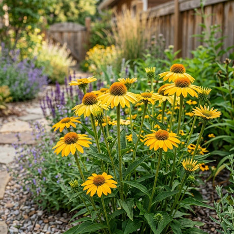 Sunseekers Golden Sun Coneflower blooming in a mixed perennial border with yellow daisy-like flowers and orange centers.