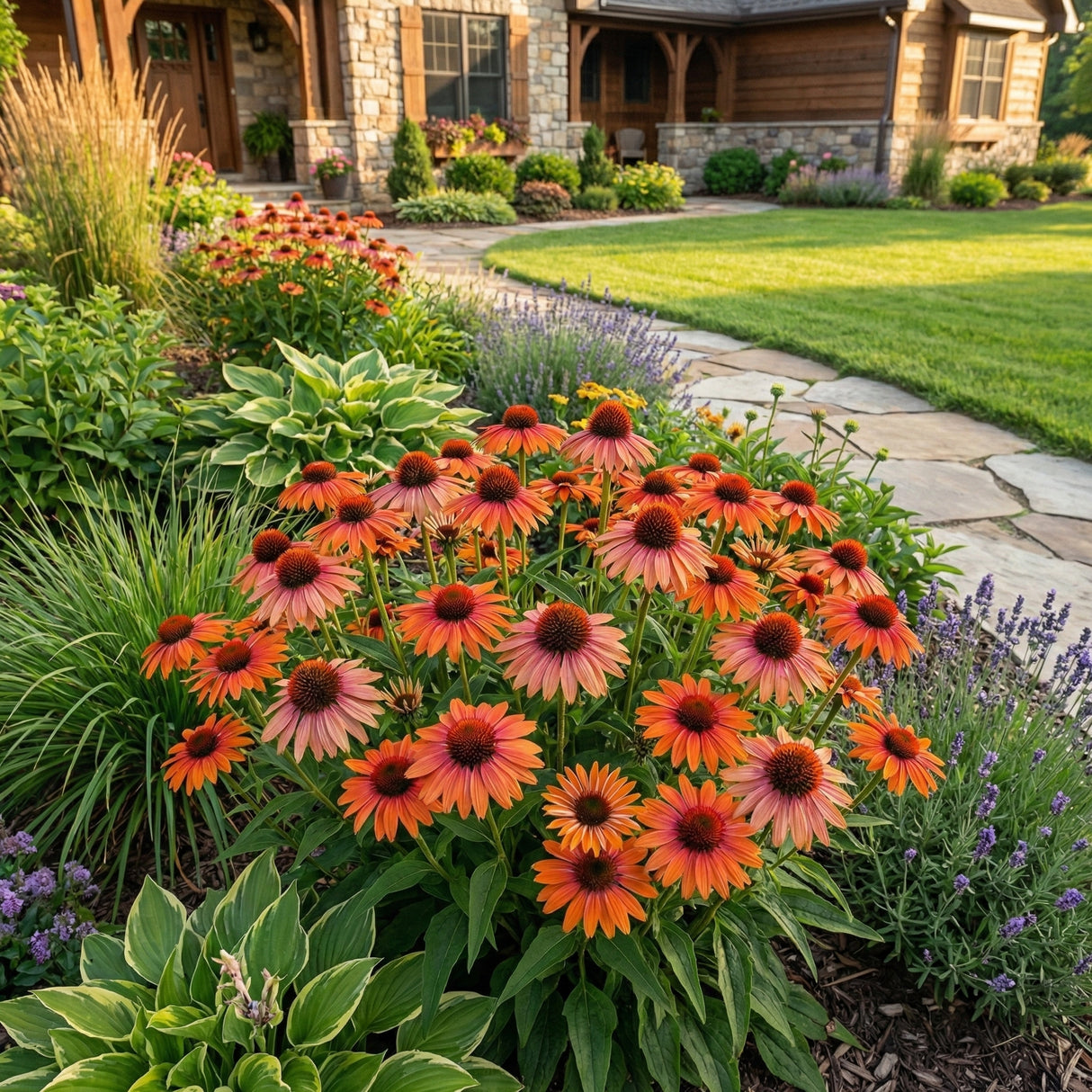 A vibrant cluster of Sunseekers Rainbow Coneflowers (Echinacea) blooming in a professionally designed residential garden bed featuring a stone walkway, hostas, and lavender