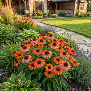 A vibrant cluster of Sunseekers Rainbow Coneflowers (Echinacea) blooming in a professionally designed residential garden bed featuring a stone walkway, hostas, and lavender