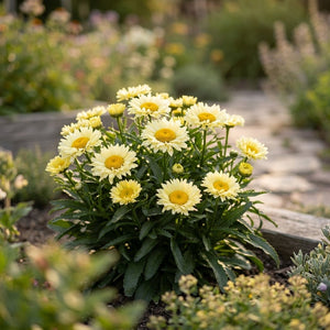 Sweet Daisy Izabel Shasta Daisy blooming in a garden border with pale yellow petals and golden centers.