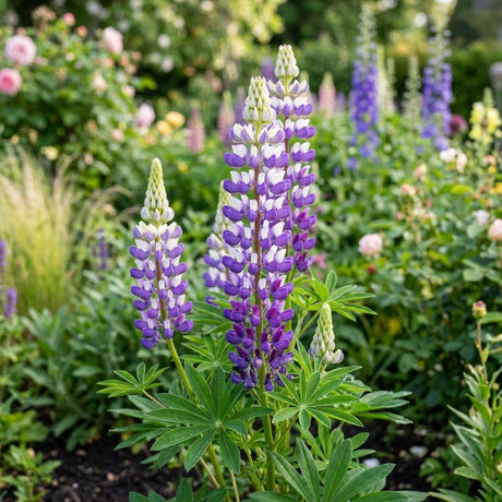 The Governor Lupine featuring striking purple, lavender, and white bicolor flower spikes blooming in a sunny garden landscape.