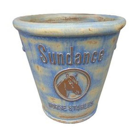 Vintage Pottery Rustic Blue Cream 14 Inch Sundance Horse Water Pail - Nature Hills Nursery - Garden Center Item - 