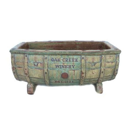 Vintage Pottery Rustic Green Cream 11 Inch Half Wine Barrell Planter - Nature Hills Nursery - Garden Center Item - 