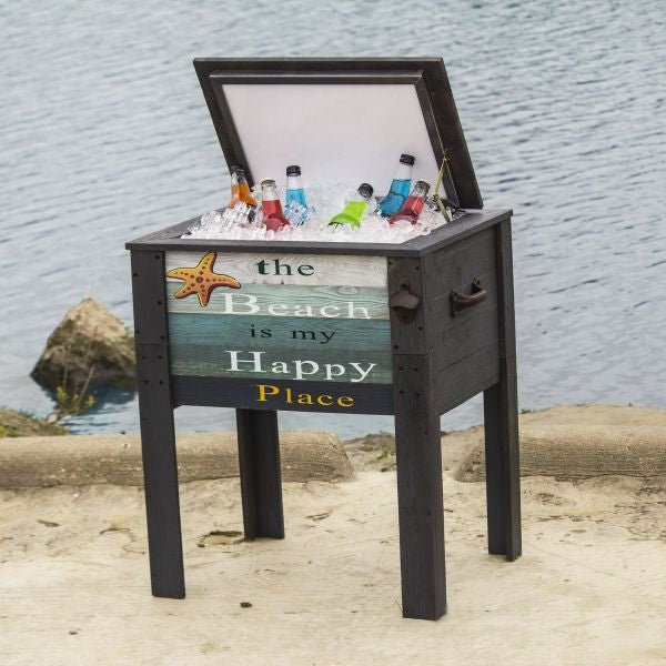 Wooden Grey The Beach Is My Happy Place Outdoor Patio Cooler - Nature Hills Nursery - Garden Center Item - 