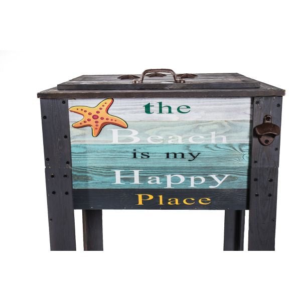 Wooden Grey The Beach Is My Happy Place Outdoor Patio Cooler - Nature Hills Nursery - Garden Center Item - 
