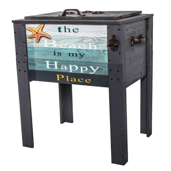 Wooden Grey The Beach Is My Happy Place Outdoor Patio Cooler - Nature Hills Nursery - Garden Center Item - 